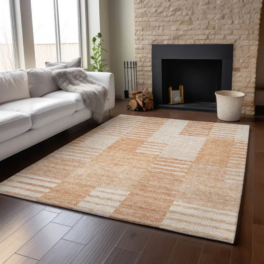 Salmon And Ivory Striped Washable Area Rug With UV Protection Photo 5