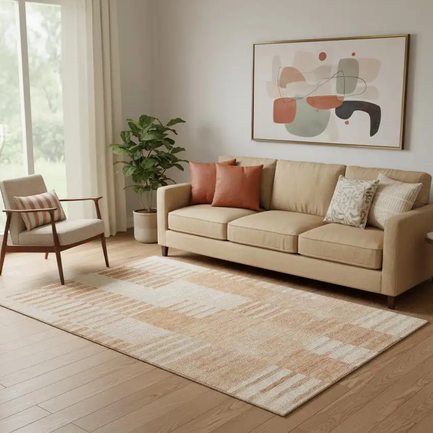 Salmon And Ivory Striped Washable Area Rug With UV Protection Photo 1