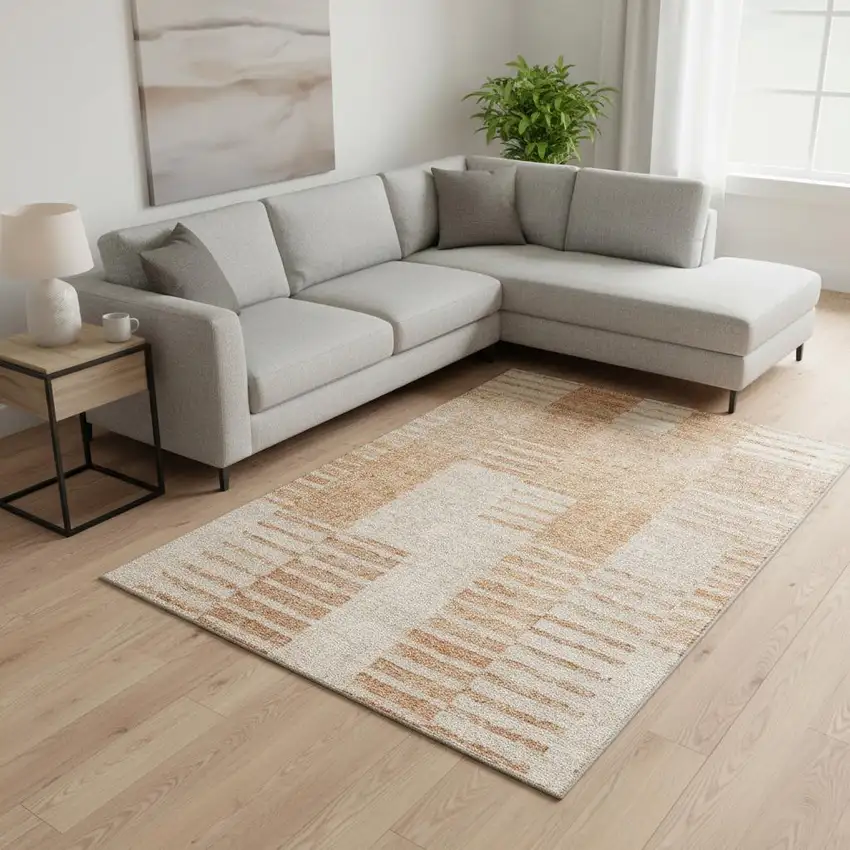 Salmon And Ivory Striped Washable Area Rug With UV Protection Photo 1