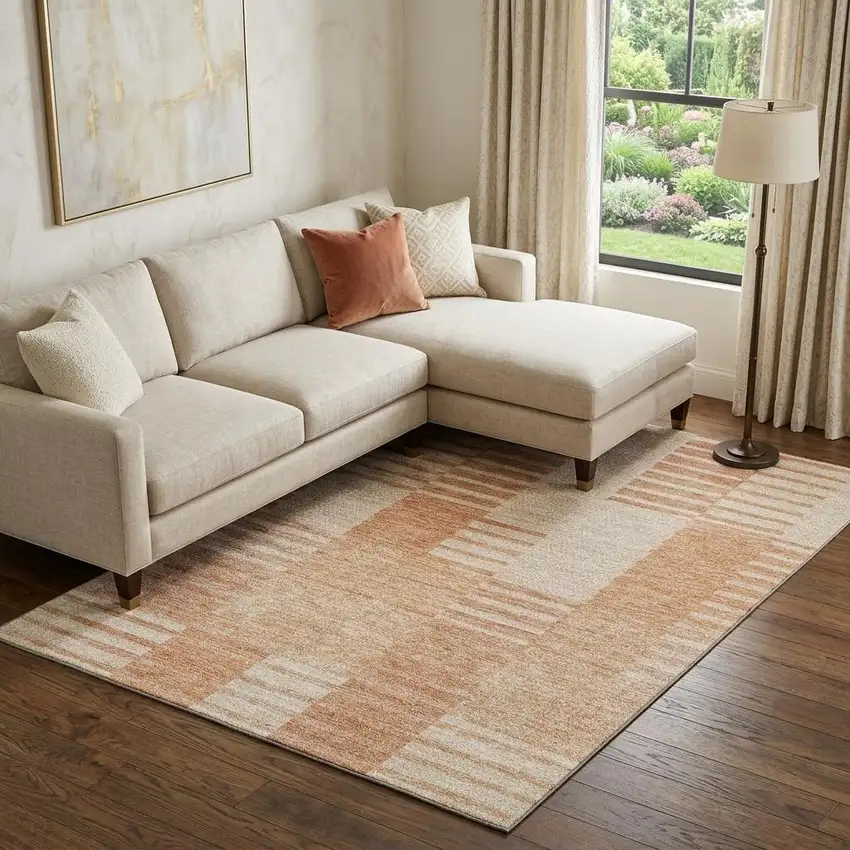 Salmon And Ivory Striped Washable Area Rug With UV Protection Photo 1