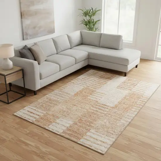 Salmon And Ivory Striped Washable Area Rug With UV Protection Photo 1