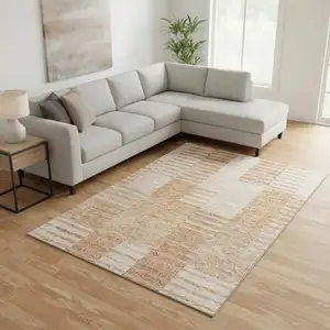 Photo of Salmon And Ivory Striped Washable Area Rug With UV Protection