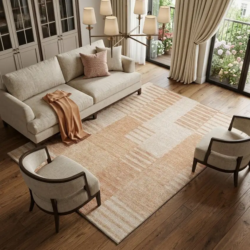 Salmon And Ivory Striped Washable Area Rug With UV Protection Photo 1