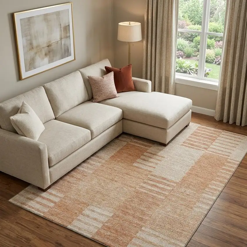 Salmon And Ivory Striped Washable Area Rug With UV Protection Photo 1
