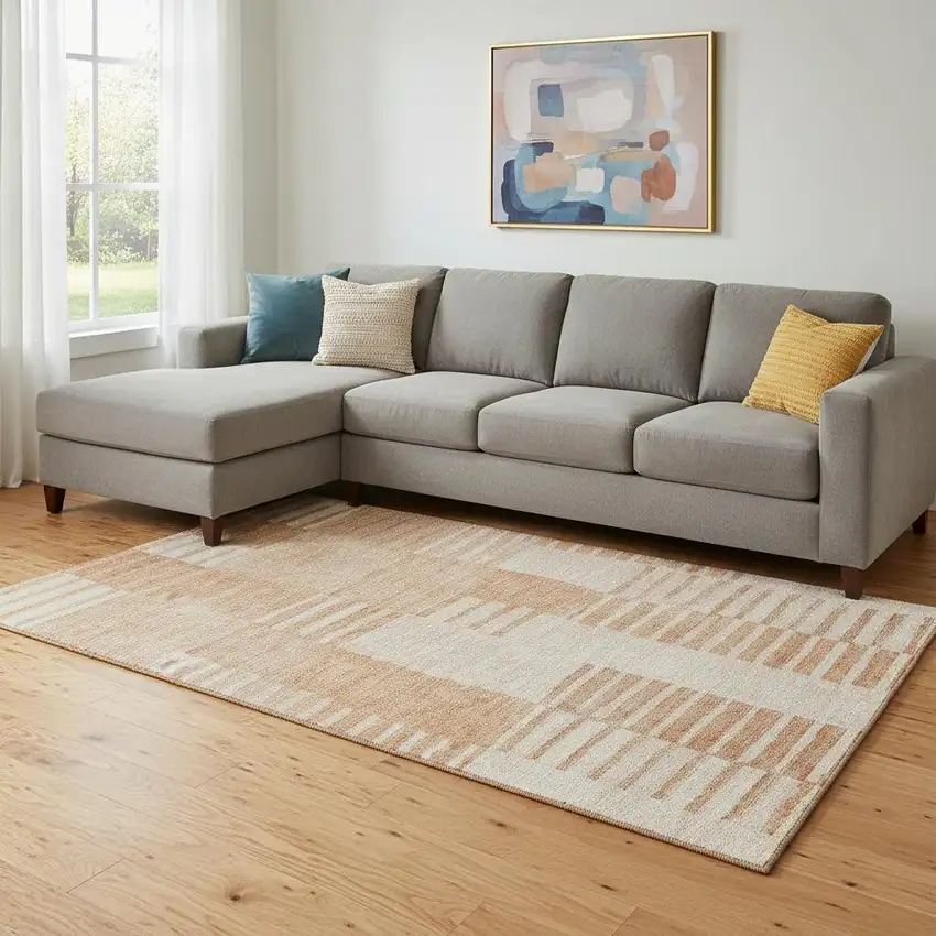 Salmon And Ivory Striped Washable Area Rug With UV Protection Photo 1