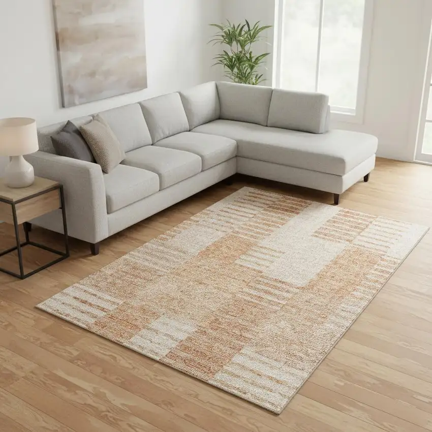 Salmon And Ivory Striped Washable Area Rug With UV Protection Photo 1