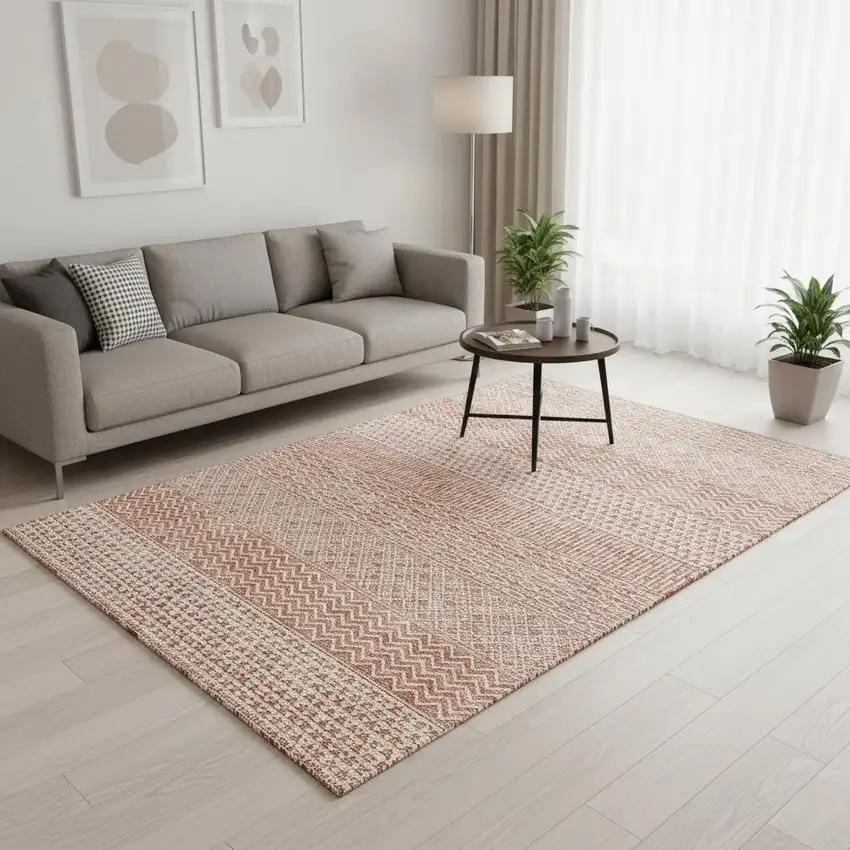 Salmon And Ivory Striped Washable Area Rug With UV Protection Photo 2