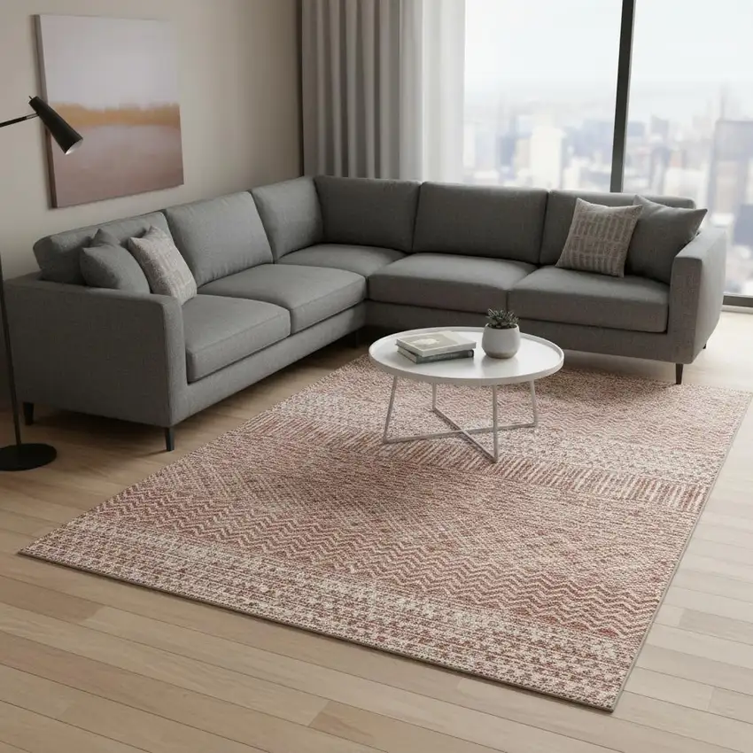 Salmon And Ivory Striped Washable Area Rug With UV Protection Photo 2