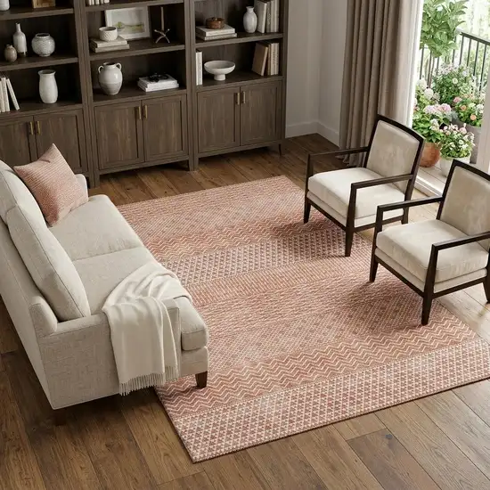Salmon And Ivory Striped Washable Area Rug With UV Protection Photo 1