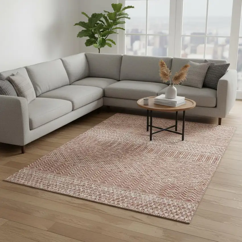 Salmon And Ivory Striped Washable Area Rug With UV Protection Photo 2