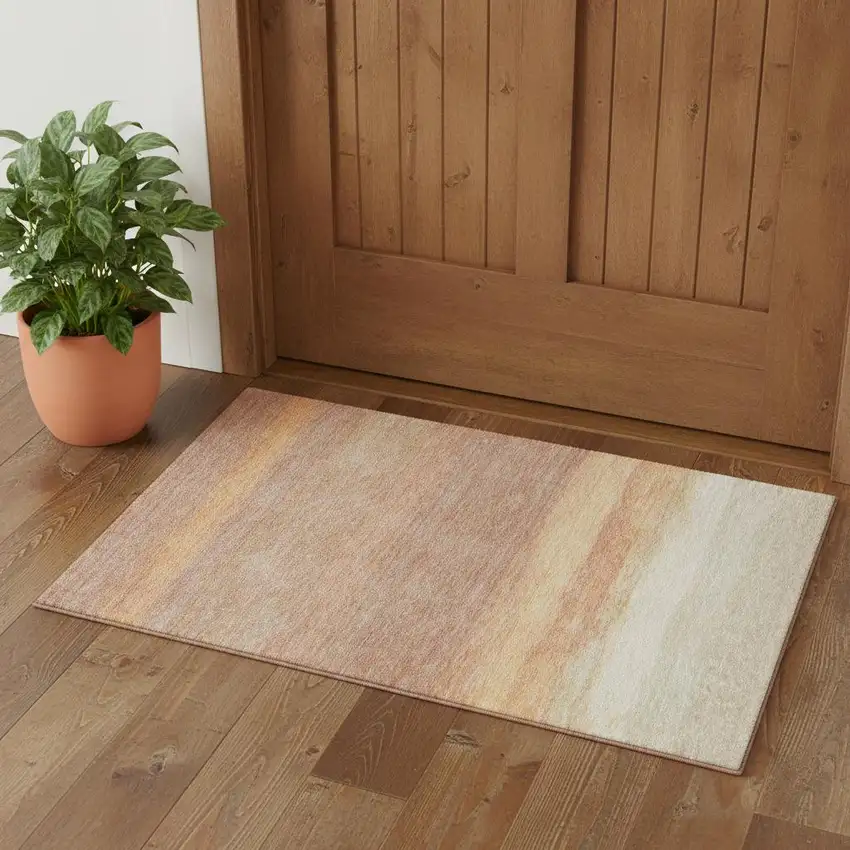 Salmon And Ivory Striped Washable Area Rug With UV Protection Photo 1