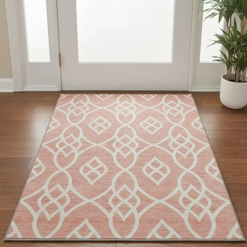 Salmon And Ivory Trellis Washable Area Rug With UV Protection Photo 2