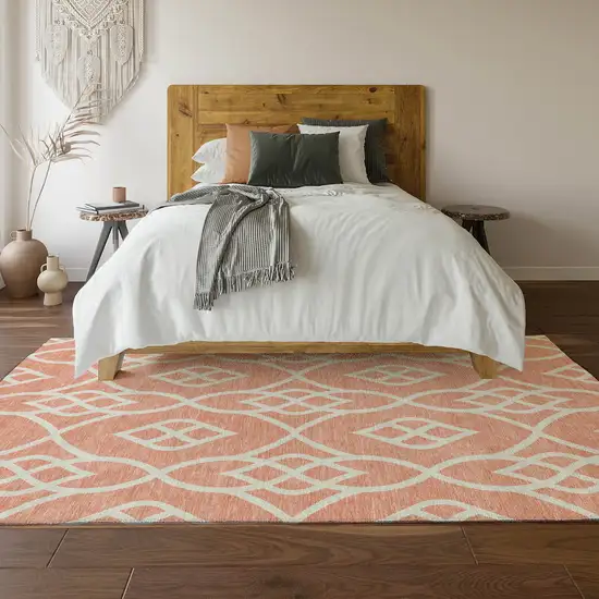 Salmon And Ivory Trellis Washable Area Rug With UV Protection Photo 5