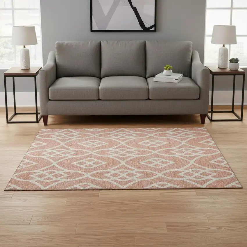 Salmon And Ivory Trellis Washable Area Rug With UV Protection Photo 2