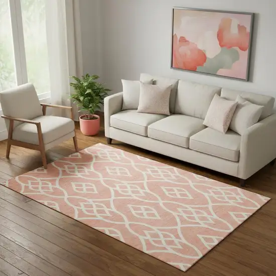 Salmon And Ivory Trellis Washable Area Rug With UV Protection Photo 1