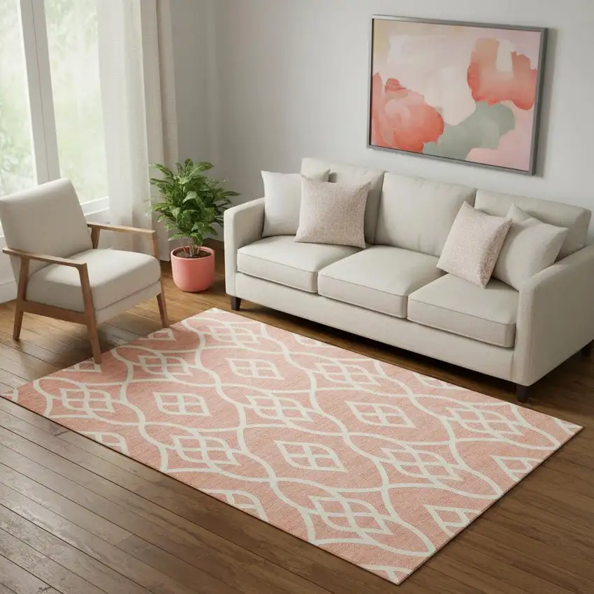 Salmon And Ivory Trellis Washable Area Rug With UV Protection Photo 1