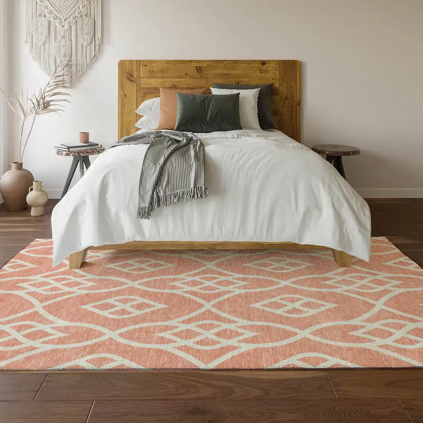 Salmon And Ivory Trellis Washable Area Rug With UV Protection Photo 6