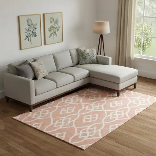 Salmon And Ivory Trellis Washable Area Rug With UV Protection Photo 1