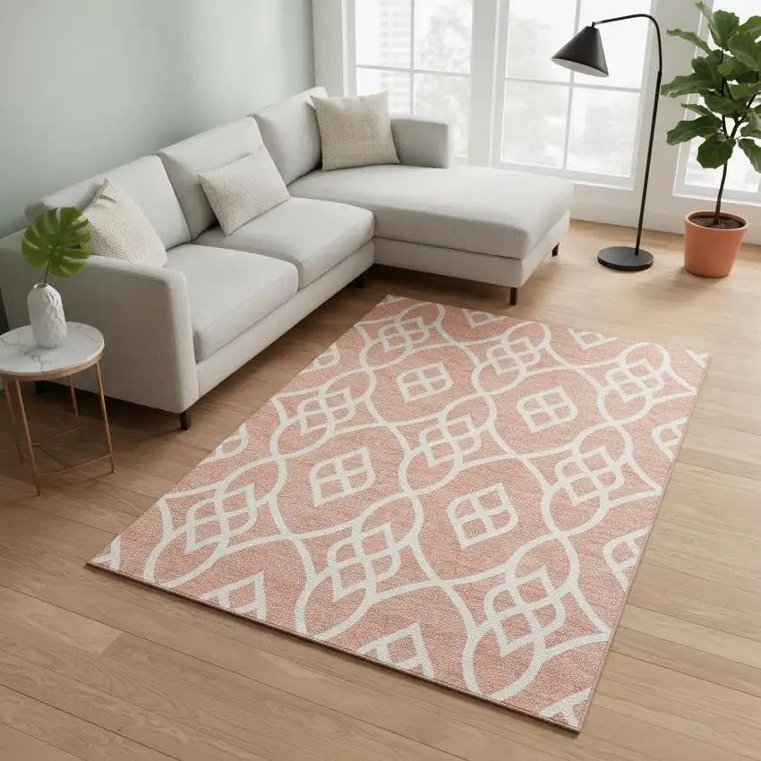 Salmon And Ivory Trellis Washable Area Rug With UV Protection Photo 2