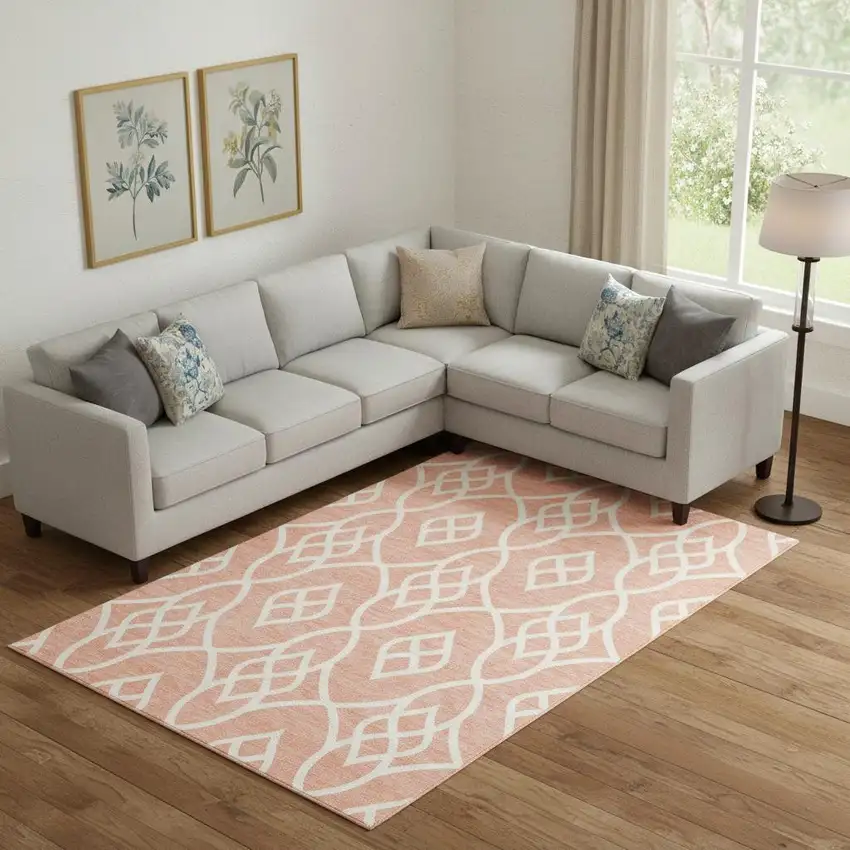 Salmon And Ivory Trellis Washable Area Rug With UV Protection Photo 1