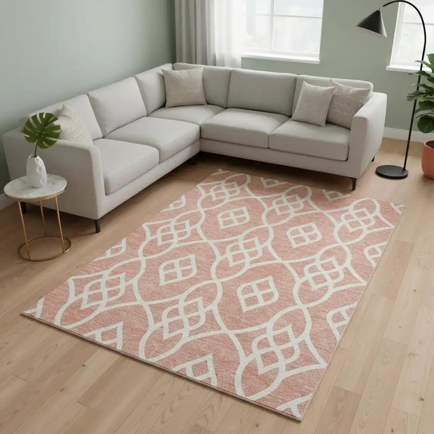 Salmon And Ivory Trellis Washable Area Rug With UV Protection Photo 2