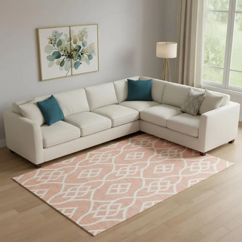 Salmon And Ivory Trellis Washable Area Rug With UV Protection Photo 1