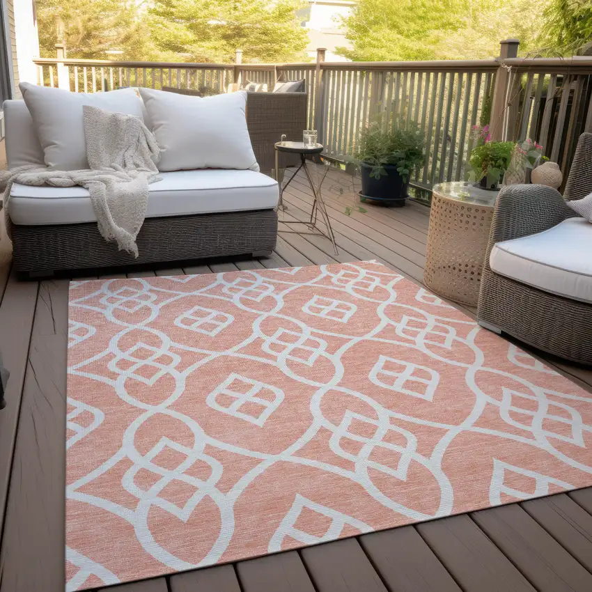 Salmon And Ivory Trellis Washable Indoor Outdoor Area Rug Photo 9