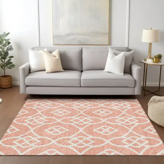 Salmon And Ivory Trellis Washable Indoor Outdoor Area Rug Photo 9