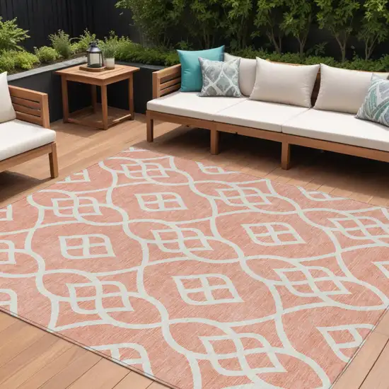 Salmon And Ivory Trellis Washable Indoor Outdoor Area Rug Photo 1