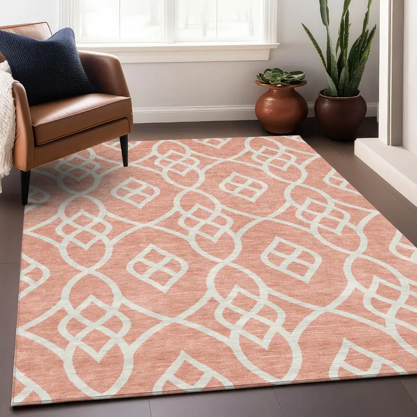 Salmon And Ivory Trellis Washable Indoor Outdoor Area Rug Photo 9