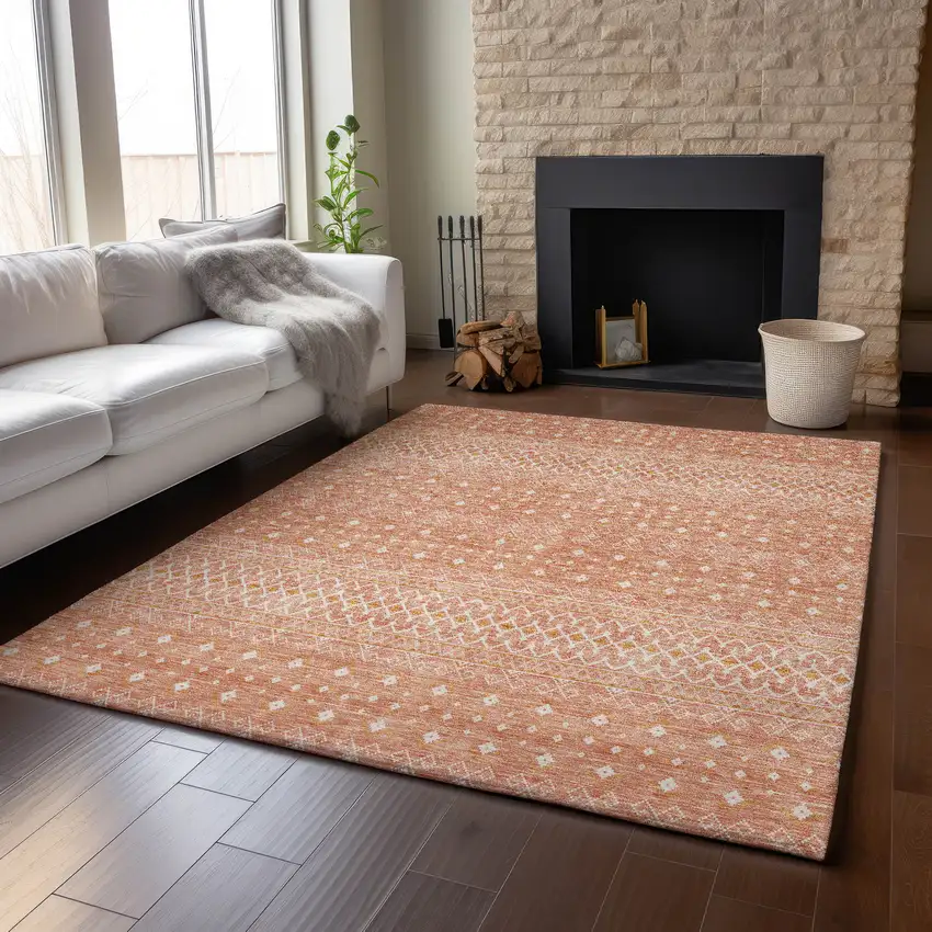 Salmon And Ivory Tribal Washable Area Rug With UV Protection Photo 4