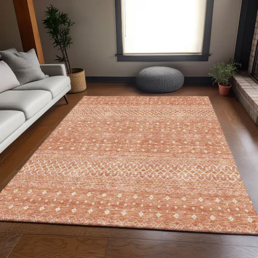 Salmon And Ivory Tribal Washable Area Rug With UV Protection Photo 5