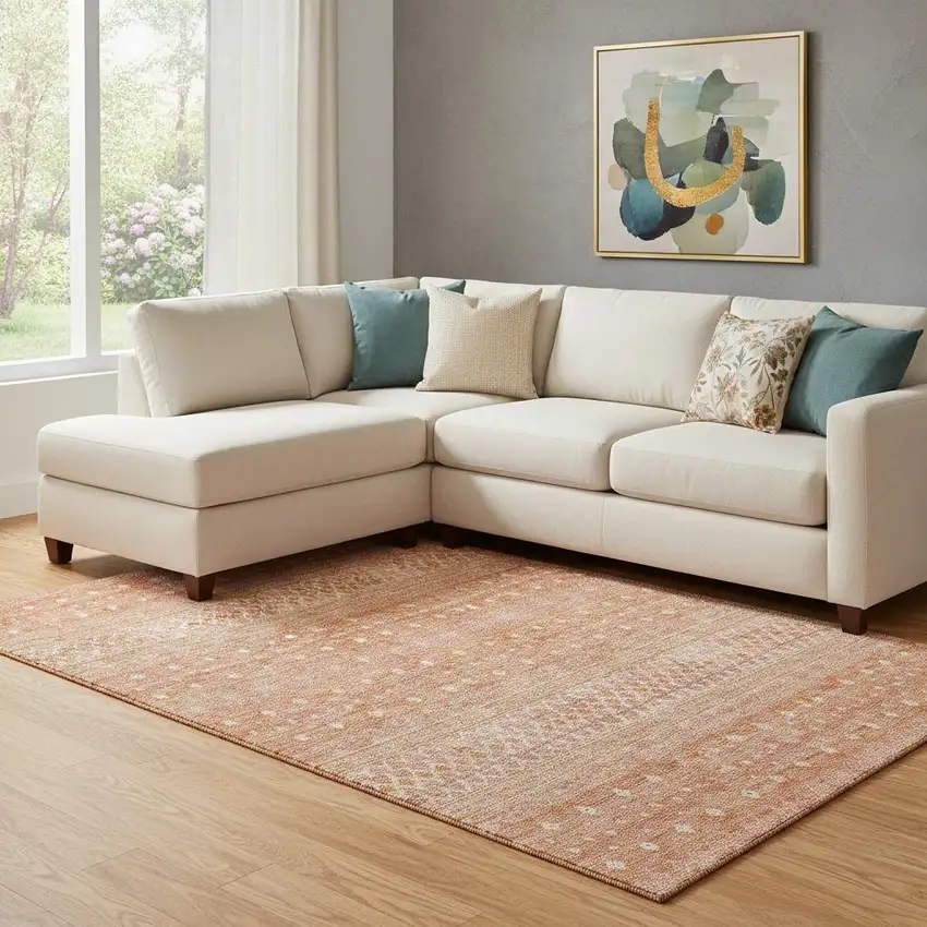 Salmon And Ivory Tribal Washable Area Rug With UV Protection Photo 1