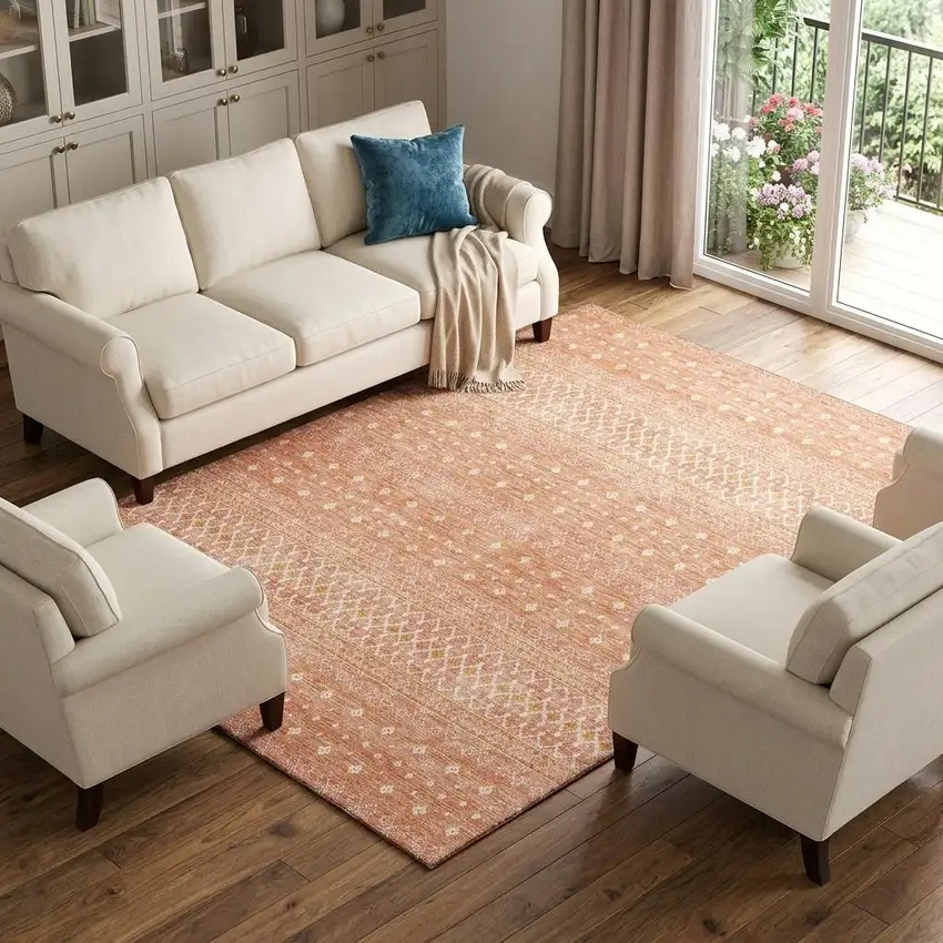 Salmon And Ivory Tribal Washable Area Rug With UV Protection Photo 1