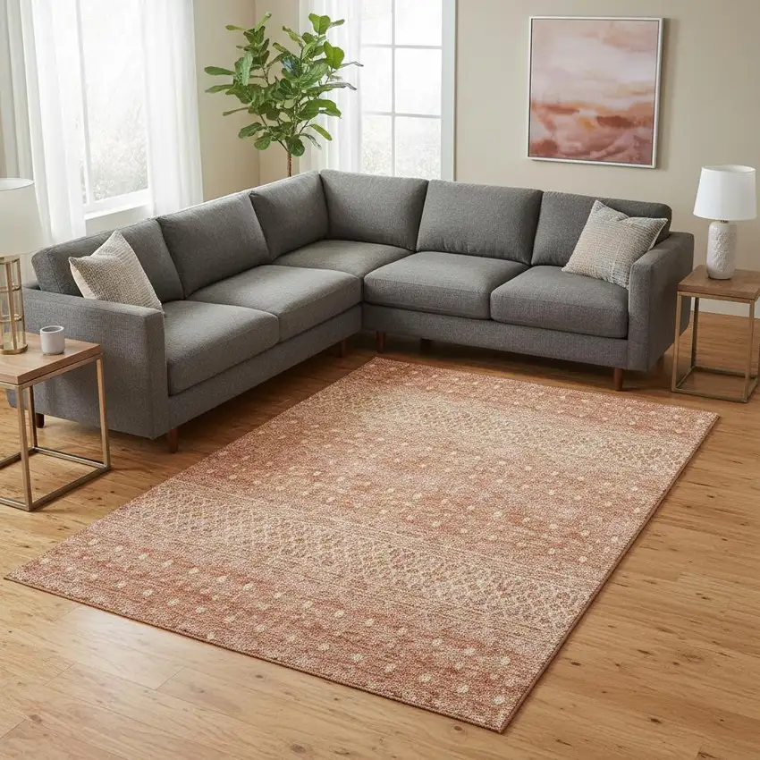 Salmon And Ivory Tribal Washable Area Rug With UV Protection Photo 1