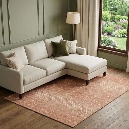 Salmon And Ivory Tribal Washable Area Rug With UV Protection Photo 1