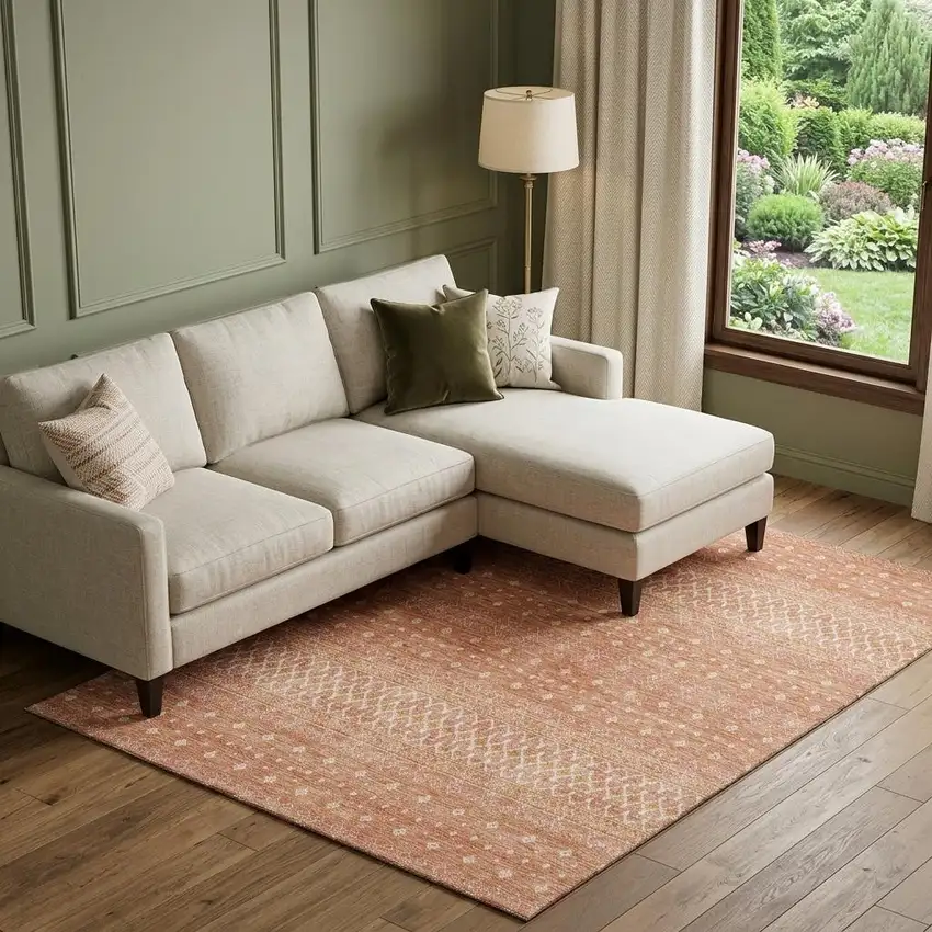 Salmon And Ivory Tribal Washable Area Rug With UV Protection Photo 1