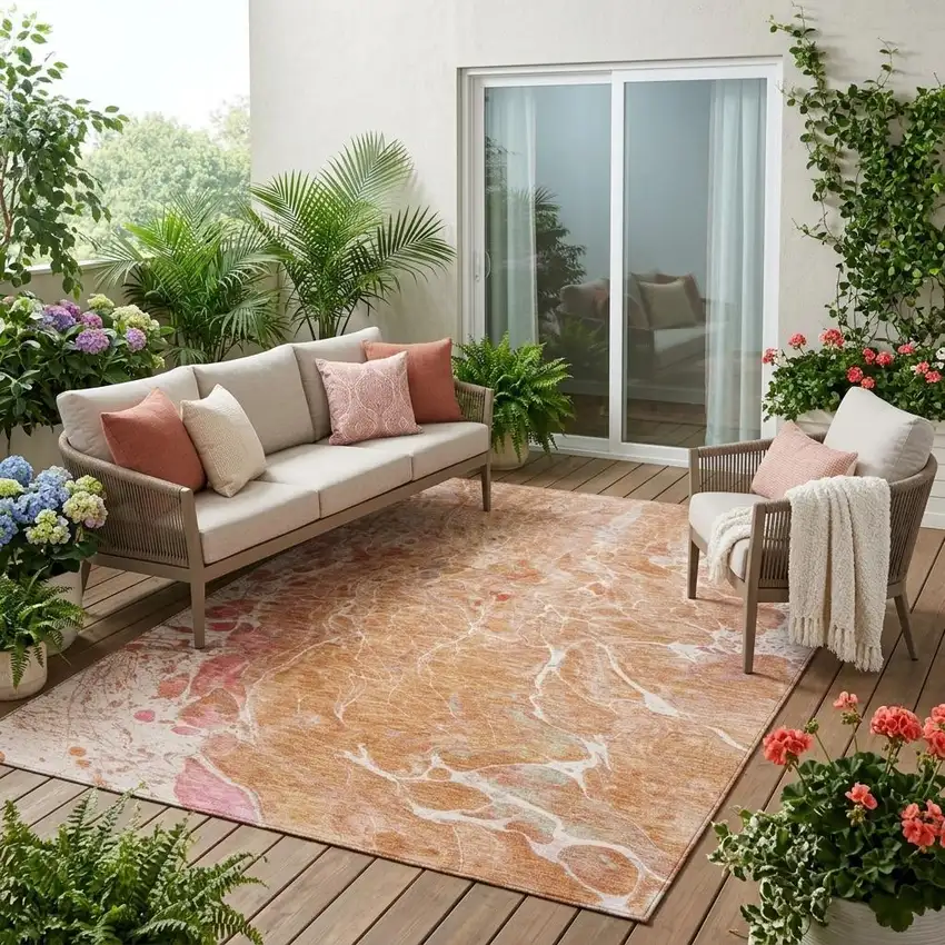 Salmon And Orange Abstract Washable Indoor Outdoor Area Rug Photo 1