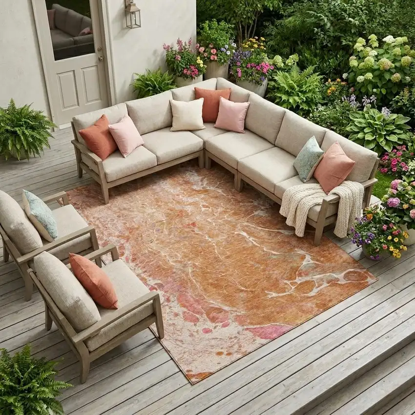Salmon And Orange Abstract Washable Indoor Outdoor Area Rug Photo 1