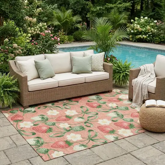 Salmon And Orange Floral Washable Indoor Outdoor Area Rug Photo 1
