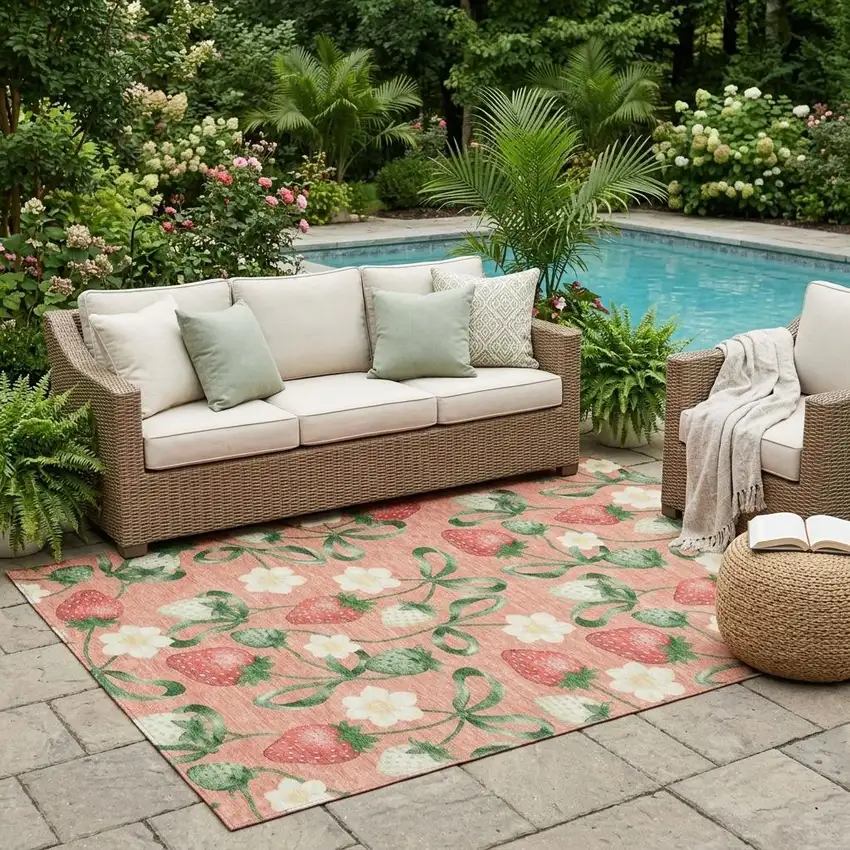 Salmon And Orange Floral Washable Indoor Outdoor Area Rug Photo 1