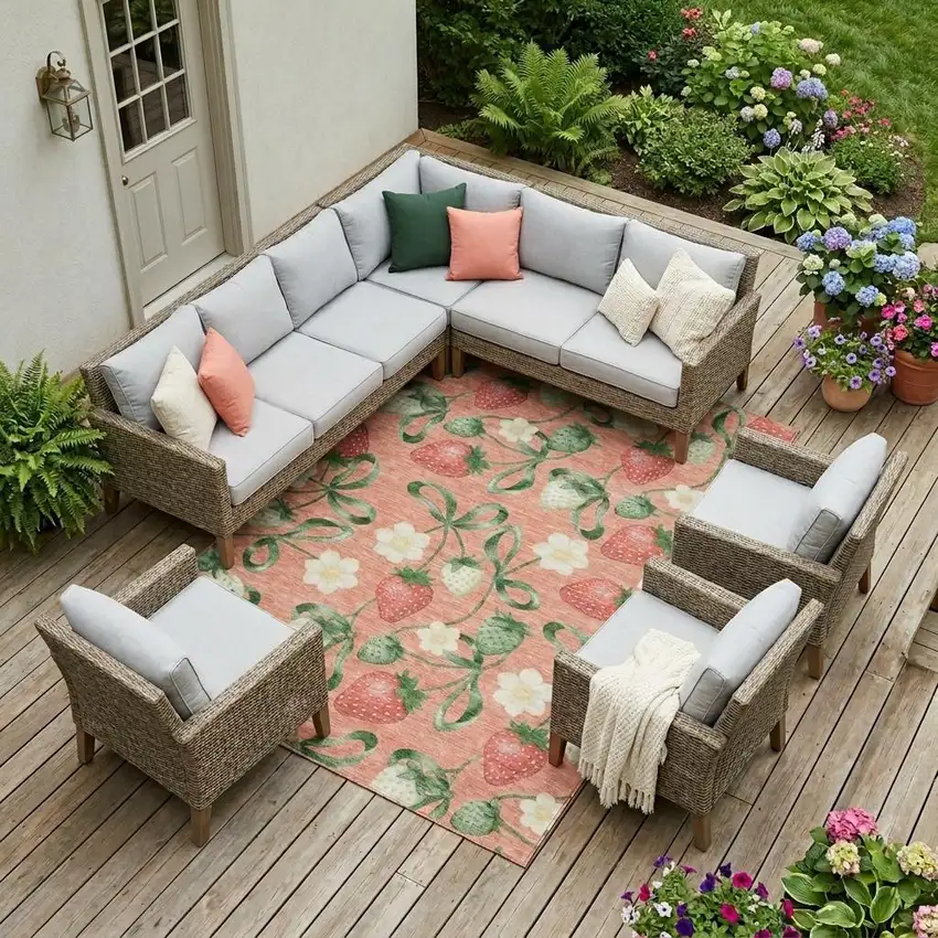 Salmon And Orange Floral Washable Indoor Outdoor Area Rug Photo 1