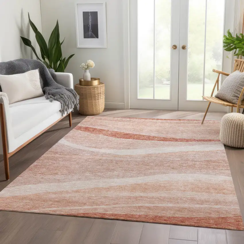Salmon And Pink Abstract Washable Indoor Outdoor Area Rug Photo 9