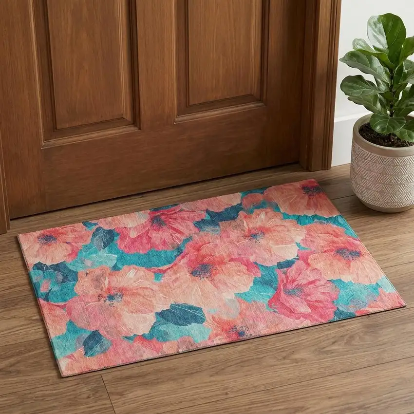 Salmon And Teal Floral Washable Area Rug With UV Protection Photo 1