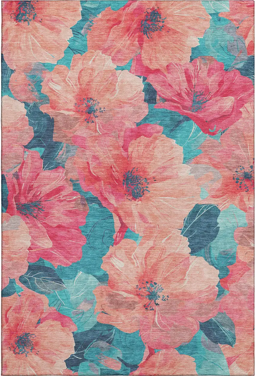 Salmon And Teal Floral Washable Area Rug With UV Protection Photo 1