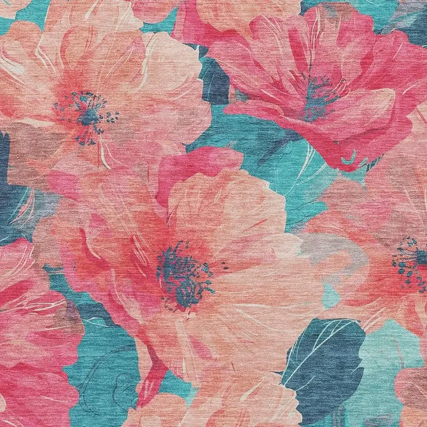 Salmon And Teal Floral Washable Area Rug With UV Protection Photo 2
