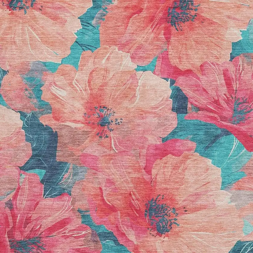 Salmon And Teal Floral Washable Area Rug With UV Protection Photo 2
