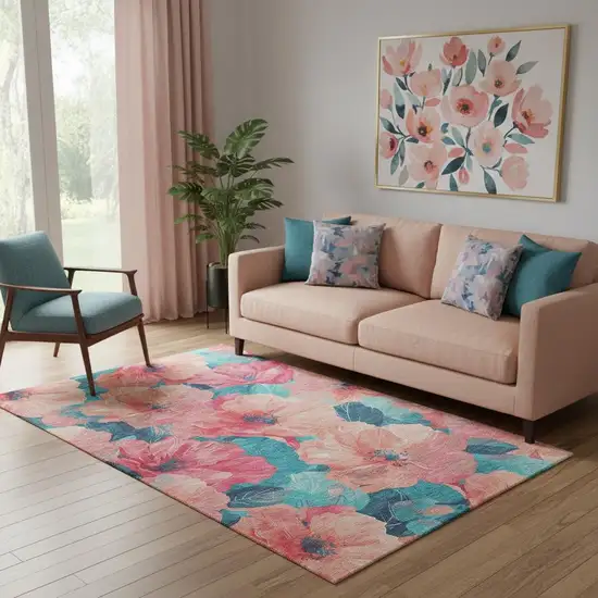 Salmon And Teal Floral Washable Area Rug With UV Protection Photo 2