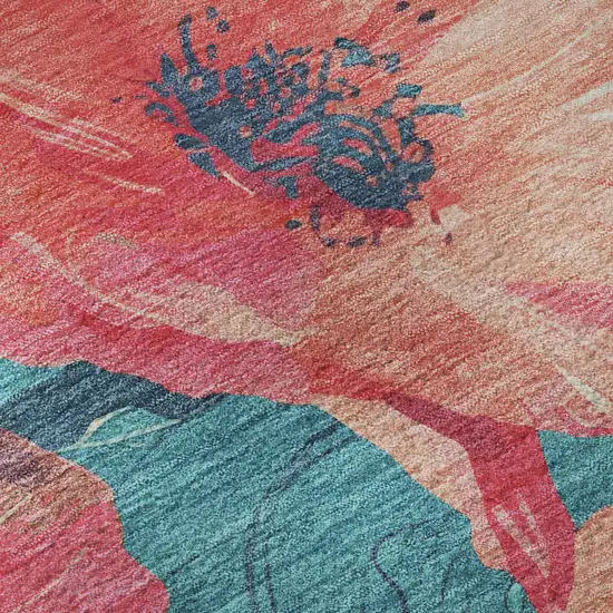 Salmon And Teal Floral Washable Area Rug With UV Protection Photo 9