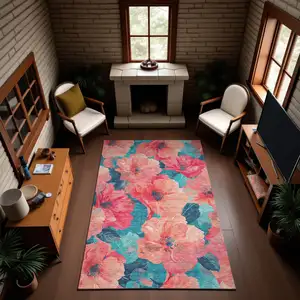 Photo of Salmon And Teal Floral Washable Area Rug With UV Protection